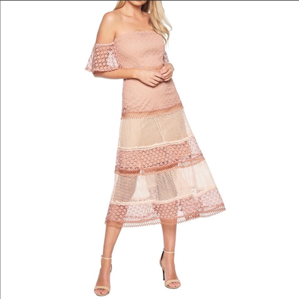 Bardot Off-shoulder Lace Midi Dress